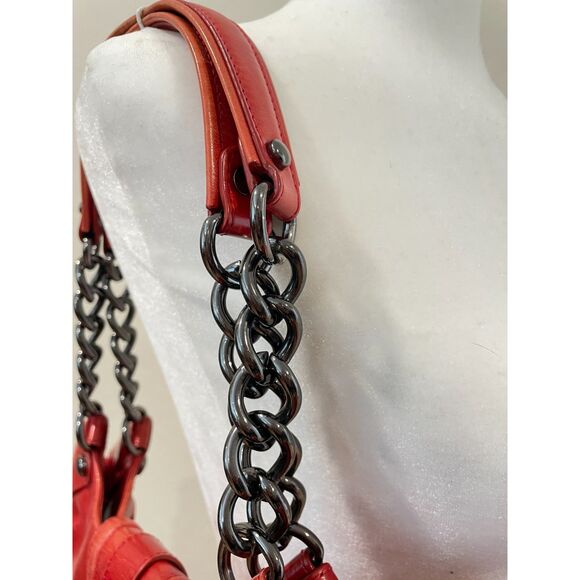 ~ Kenneth Cole NY leather bag shoulder purse brick red, double strap metal chain - Picture 2 of 16